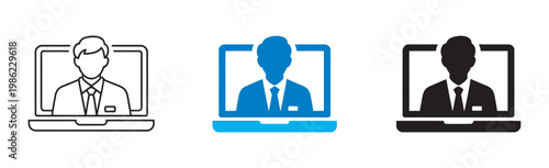 Remote work icon person on laptop screen, online meeting video call concept, virtual communication business conference, telework digital workplace vector illustration