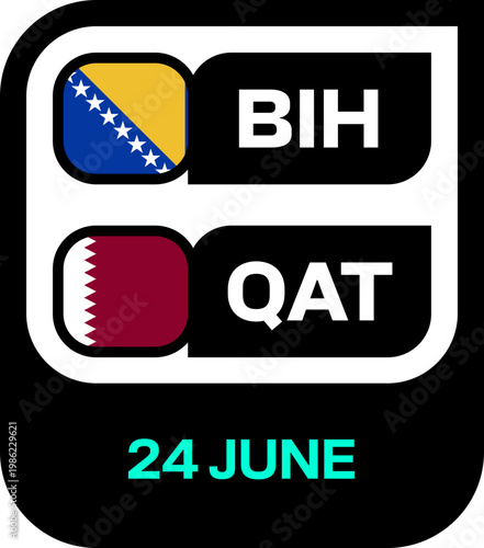 Modern Football Tournament 2026 Match Fixture Announcing Bosnia-Herzegovina versus Qatar Game Schedule Graphic