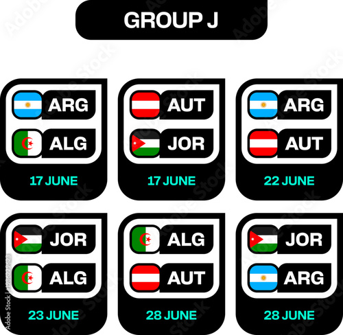 Group J Football Matches 2026 Tournament Fixtures Graphic with Country Flags and Team Codes for Sports Event Announcements.