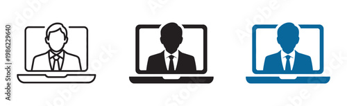 Remote work icon person on laptop screen, online video conference communication, business meeting telework freelance digital workplace concept, vector illustration