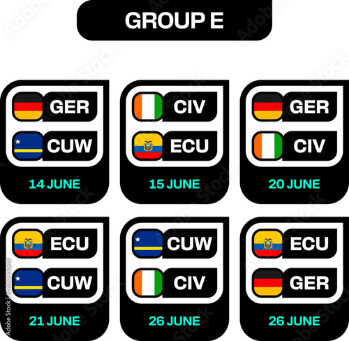 Football 2026 Group E Match Schedule Vector Collection for Tournament Announcement and Sports Event Fixtures.