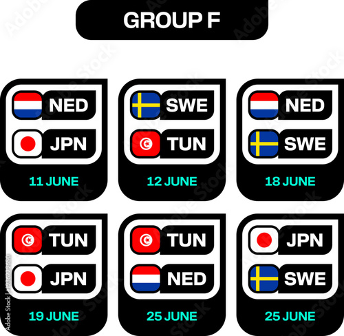 Football 2026 Tournament Group F Match Schedule Displaying Dates and Competing Teams Flags with Codes for Exciting International Competition.