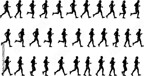 Sequential Black Silhouettes of Men and Women Running in Motion Cycle Grid
