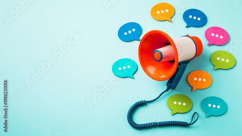 Digital Marketing Concept with Megaphone and Colorful Speech Bubbles for Social Media Communication