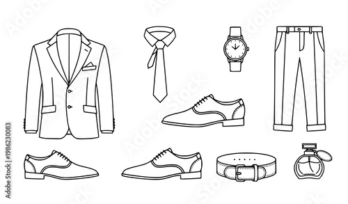 Men fashion accessories vector line art formal suit shoes tie set