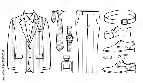 Formal men outfit vector line illustration suit accessories fashion set