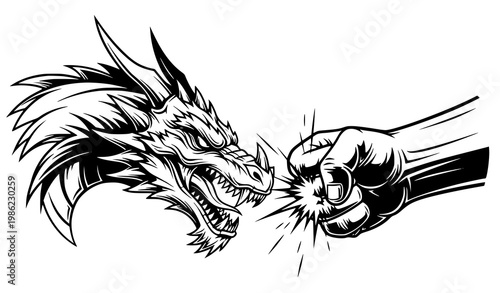 Dragon head vs fist vector black white impact power confrontation