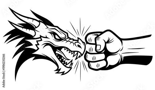 Dragon fist collision vector black white fight concept illustration