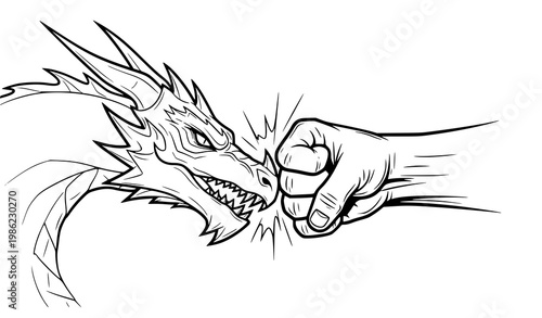 Dragon vs fist vector illustration black white impact strength design