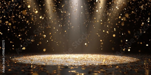Golden Confetti Rain on Festive Stage with Light Beam for Celebration Events