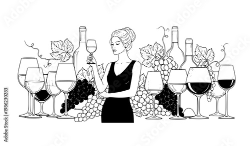 Wine glasses bottles grapes woman vector black white winery illustration
