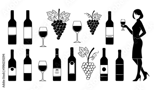Wine set vector black white bottles glasses grapes woman illustration