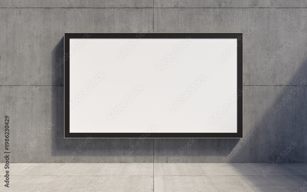Naklejka premium A horizontal rectangular advertising billboard hangs on a concrete wall. Presentation space. Advertising space. 3D rendering