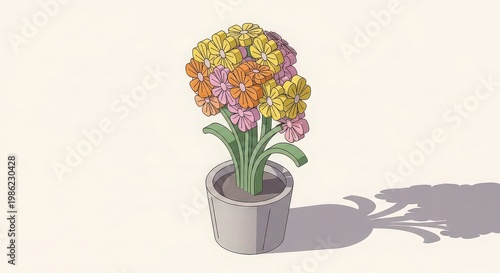 colorful origami flowers in a white pot casting a shadow isolated on white background, illustration