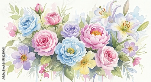 vibrant watercolor bouquet with roses and lilies in pastel colors isolated on white background, illustration