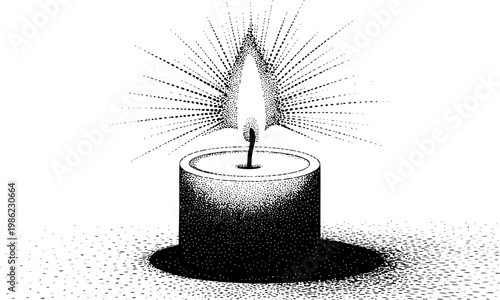 Black and white dot candle flame radiating light with shadow white background fire