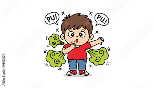 cute boy disgusted by green slime cartoon illustration on white background