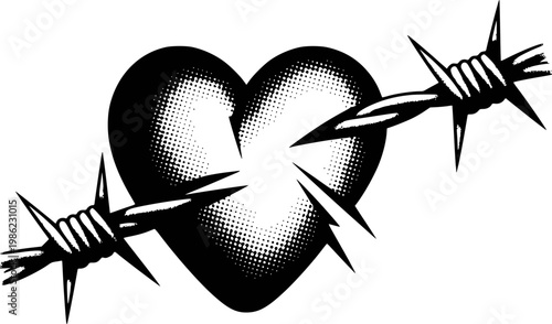 Black heart pierced by barbed wire, symbolizing pain and struggle