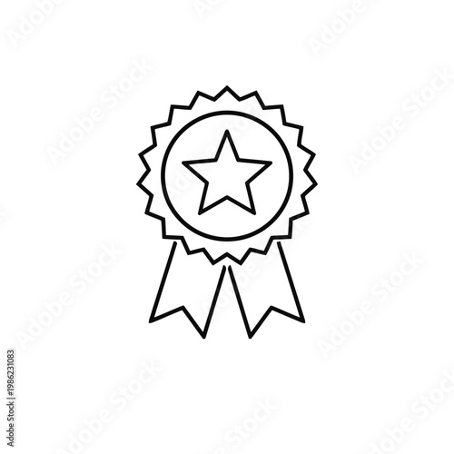 Black line drawing of a star in a rosette award ribbon icon