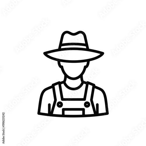 Black line drawing of a faceless farmer wearing a hat and overalls