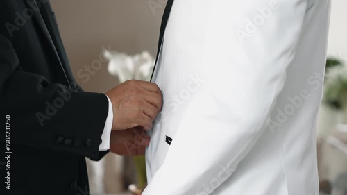 Slow Motion Close-Up Push-In of Groom while older man's hands Preparing Suit