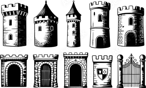 Collection of black and white medieval castle towers, gates, and battlements white background