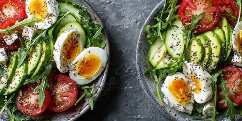 Healthy Avocado and Veggie Salad with Eggs, Cheese, and Chia Seeds - Flat Lay Banner