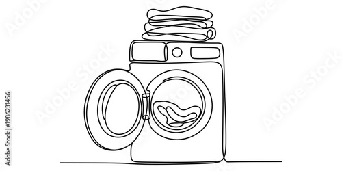 Continuous line drawing of a front loading washing machine with open door and folded laundry Vector, illustration