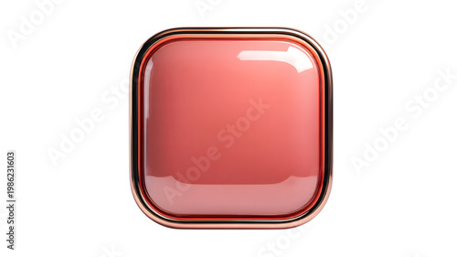 Glossy Red Square Button with Metallic Outline on Transparent Background