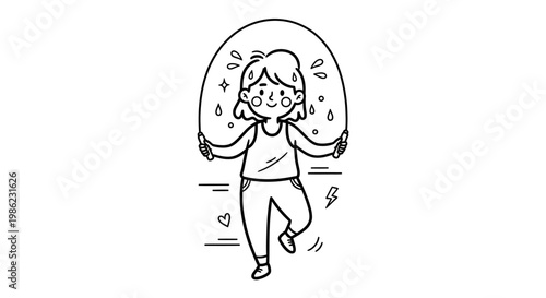 Cartoon woman jumping with joyful expression.