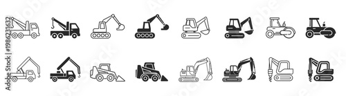 Excavator construction machinery set industrial line icon on transparent background