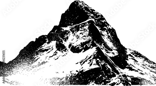 Dramatic black and white silhouette of a jagged snow-capped mountain peak