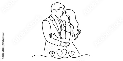 Minimalist line art illustration of a romantic couple in a loving embrace with heart symbols Vector, illustration