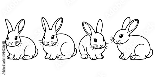 Four cute hand drawn rabbit line art illustrations for coloring book pages and children activities. Vector, illustration