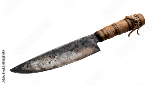 Rusty Weathered Knife with Leather Wrapped Handle on Transparent Background
