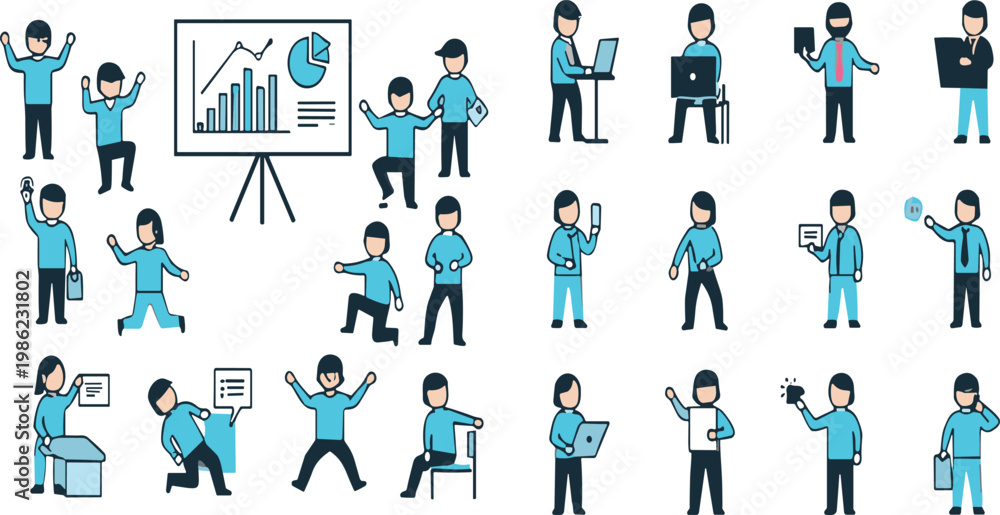 Fototapeta premium Business people activities set with office workers presentation teamwork communication and professional actions illustration collection