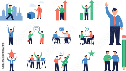 Business success and teamwork icons set with employees achievement growth collaboration office work and corporate motivation illustration collection