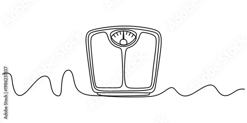 Continuous line drawing of a bathroom scale representing health, weight loss, and fitness goals. Vector, illustration