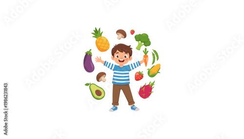 happy child surrounded by colorful fruits and vegetables