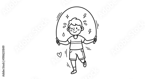 A happy child jumping with a skipping rope.