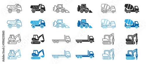 Construction vehicles equipment transport outline blue icon set on transparent background