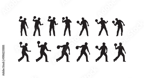Collection of baseball player silhouettes throwing ball in dynamic action poses during game on white background.