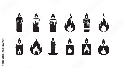 Collection of candle icons in silhouette representing light and warmth for celebrations and ambiance symbolizing hope and celebration.