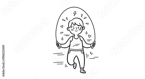 A cartoon boy jumping with excitement and happiness outdoors.