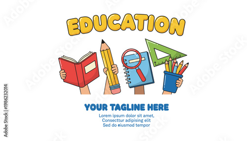 Education concept with school supplies and text