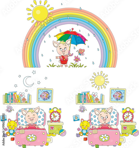 Little piglet sleeping in its small bed at night, waking up in the morning, hiding from the summer rain under an umbrella and looking at a rainbow, a set of vector cartoon illustrations