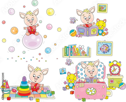 Cute little piglet reading in its small bed in the evening, playing with toys in a playroom, bouncing on a big soap bubble, sitting with a fairytale book, a set of vector cartoon illustrations