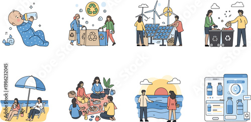 Sustainable lifestyle and recycling concept set with eco activities renewable energy waste sorting family leisure and environmental protection illustration