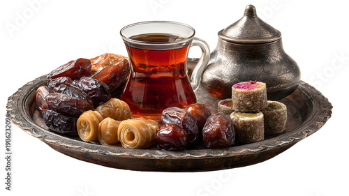 Traditional Turkish Tea Set with Dates and Turkish Delight on Ornate Tray