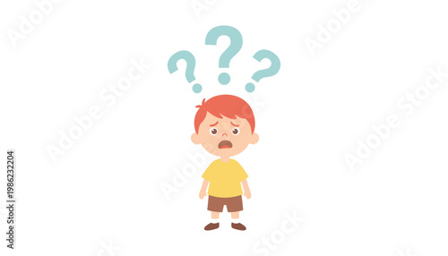 confused cartoon boy with question marks thinking